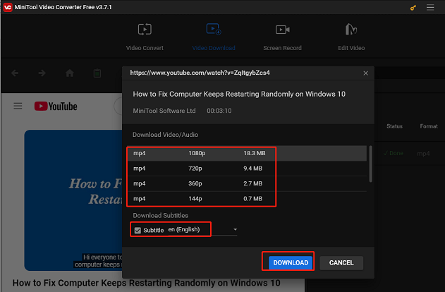 Seleccione el formato y la resolución del video para descargar