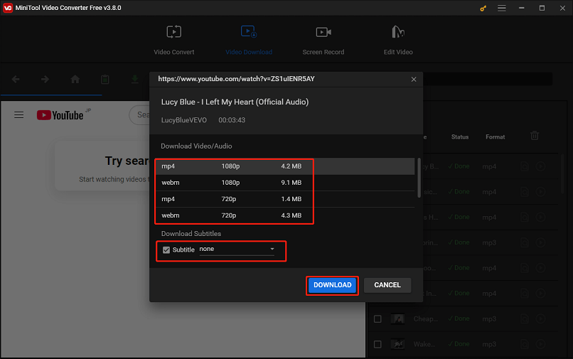 Select the download format, decide whether to download its subtitles, and click DOWNLOAD in MiniTool Video Converter