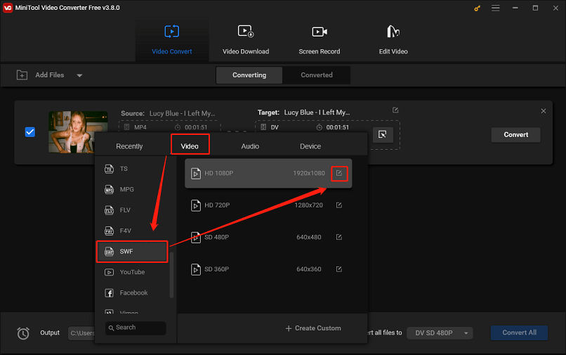 Click on Video, select SWF, choose a resolution preset, and click the Edit icon in MiniTool Video Converter