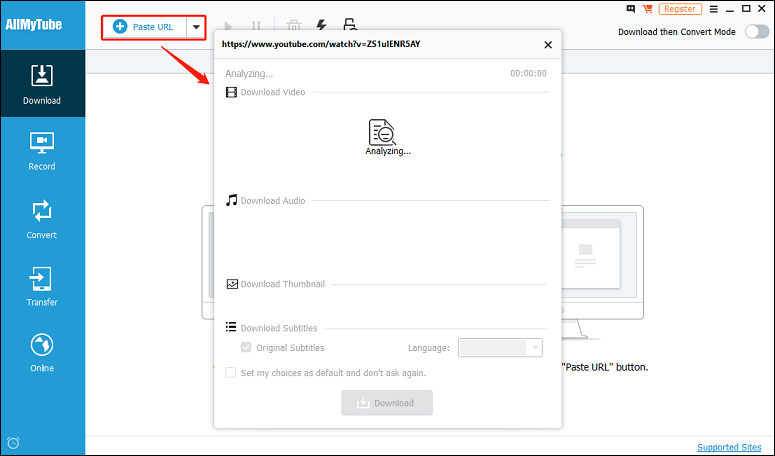 The analyzing process after clicking the Paste URL button in AllMyTube