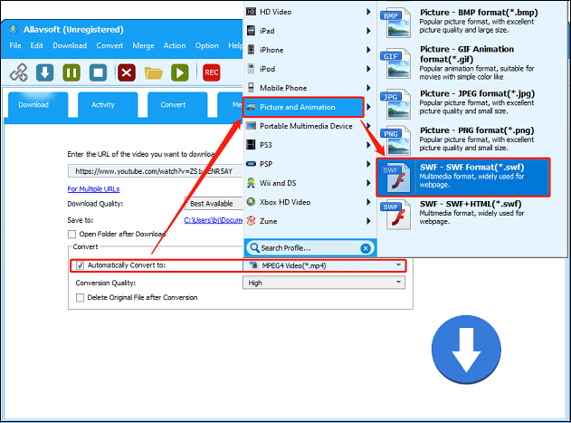 Click Automatically Convert to drop-down button to choose SWF from the Picture and Animation category in Allavsoft