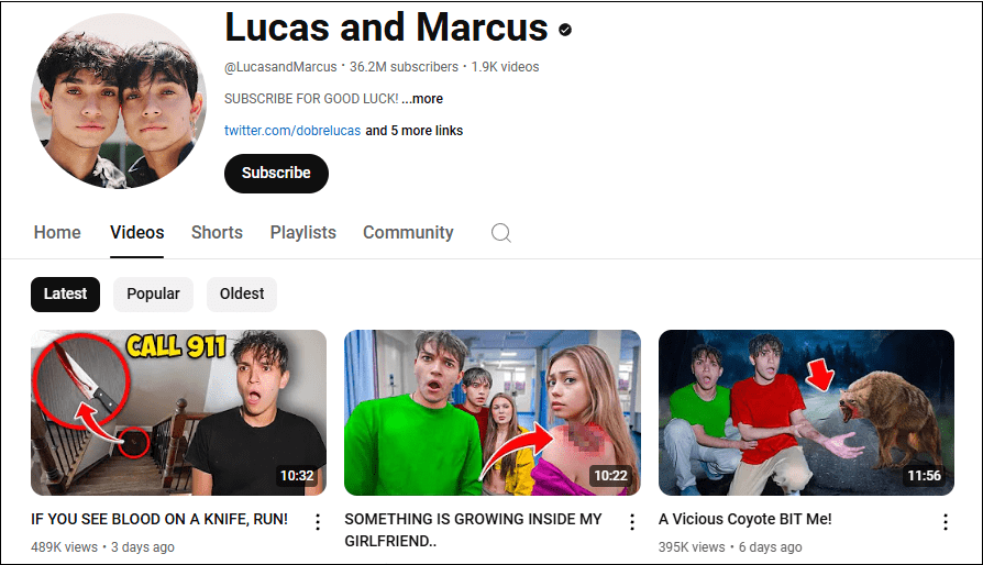 Visit the YouTube channel interface of Lucas and Marcus