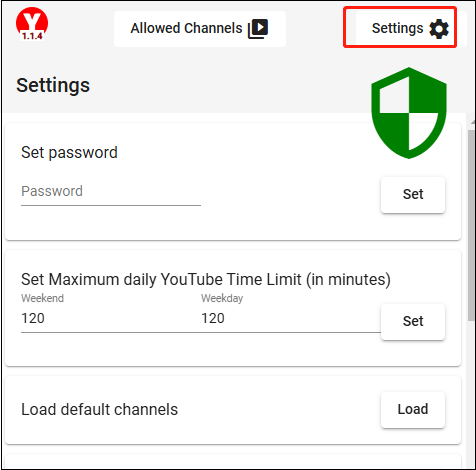 Click on Settings to set YouTube time limit and password in Youtube Blocker