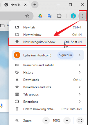 Click the three-dot icon and select New Incognito window in Chrome