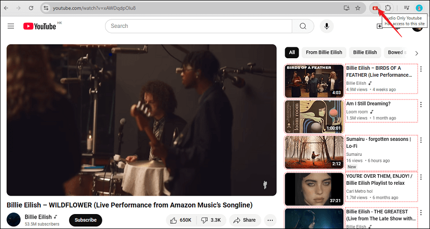 Click the Audio Only Youtube extension to enter audio only mode on YouTube