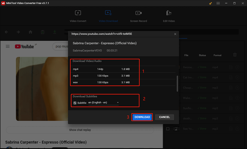 Select the output format, choose whether to download subtitles, and click DOWNLOAD in MiniTool Video Converter