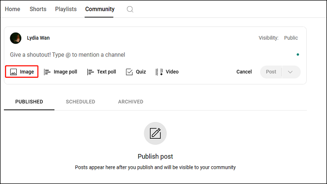 Click on Image to upload photos under the Community tab on YouTube