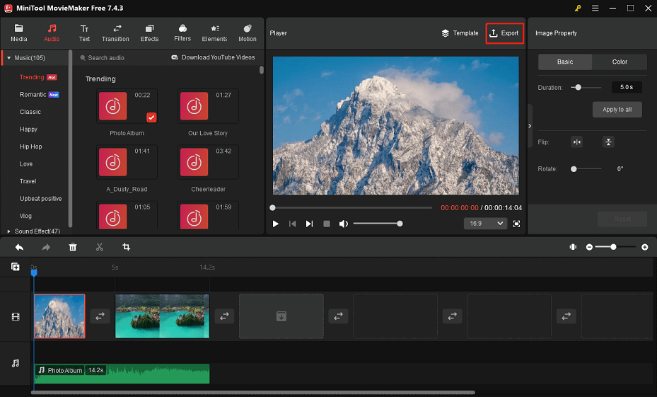 Click on Export to export the video for upload in MiniTool MovieMaker