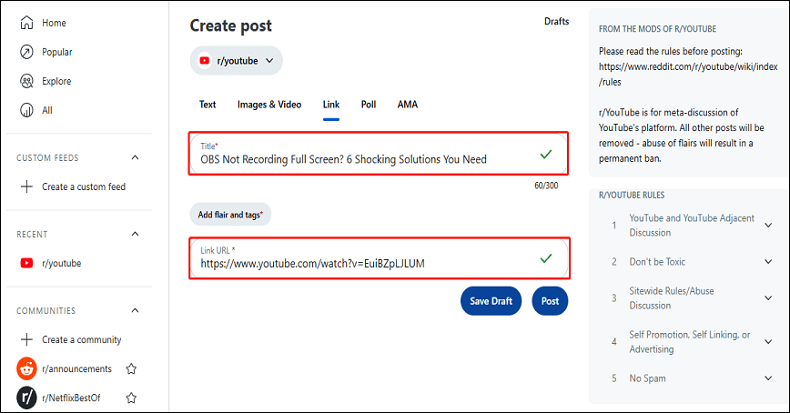Paste the video URL into the link field and type the title on Reddit