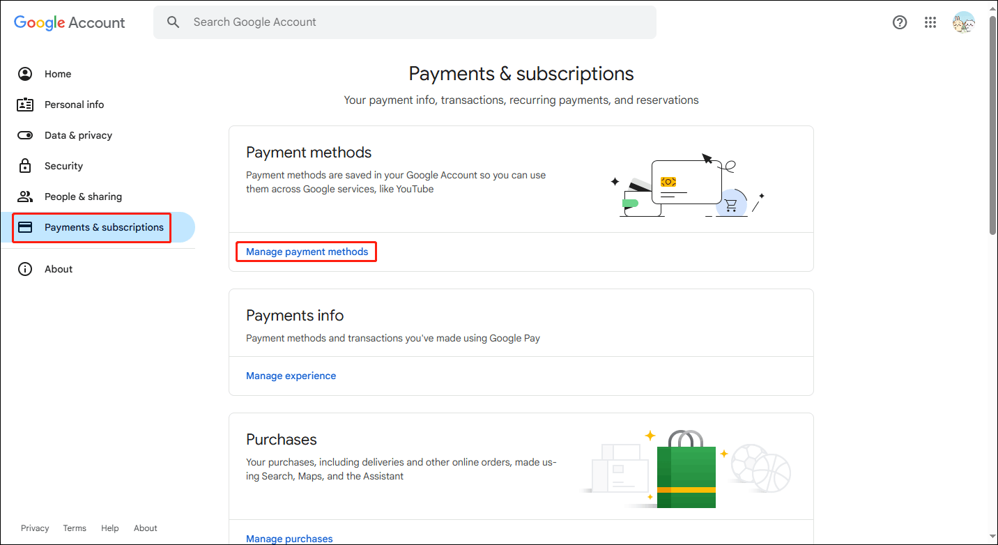 Choose the Payments & subscriptions option and click Manage payment methods under Payment methods