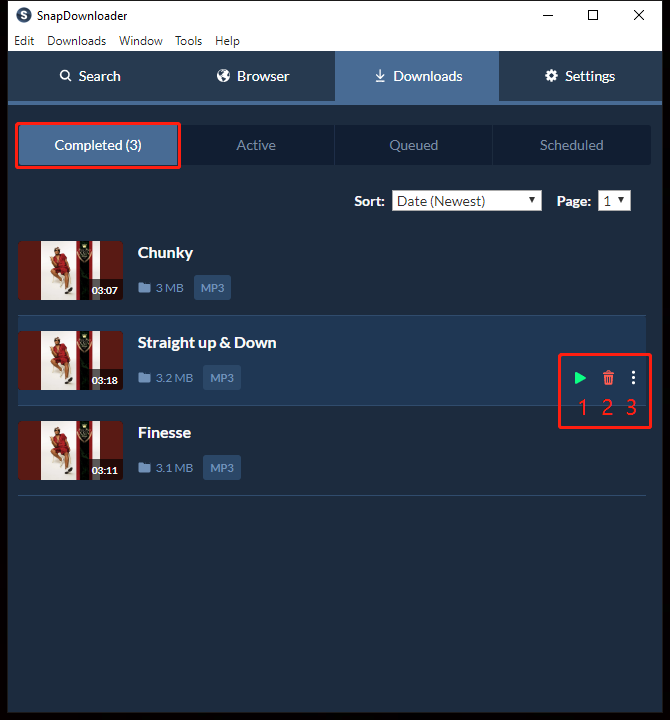 Go to the Completed subtab and click the 3 icons to play, delete, or remove the file