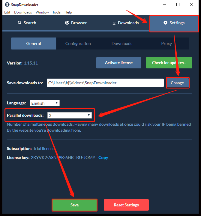 Go to Settings, click Change to choose the save folder, expand Parallel downloads to set the number of simultaneous downloads, and click Save