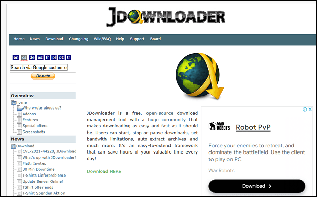 The main interface of JDownloader on Google Chrome