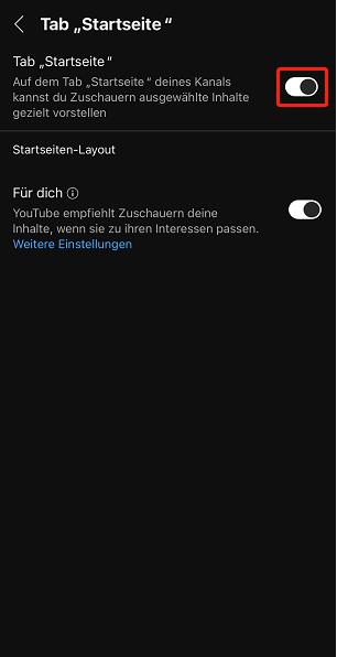 Aktivieren Sie den Schalter für den Tab „Startseite“