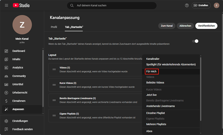 Wählen Sie Für mich im Dropdown-Menü aus und fügen Sie es zu Ihrer Kanal-Homepage hinzu