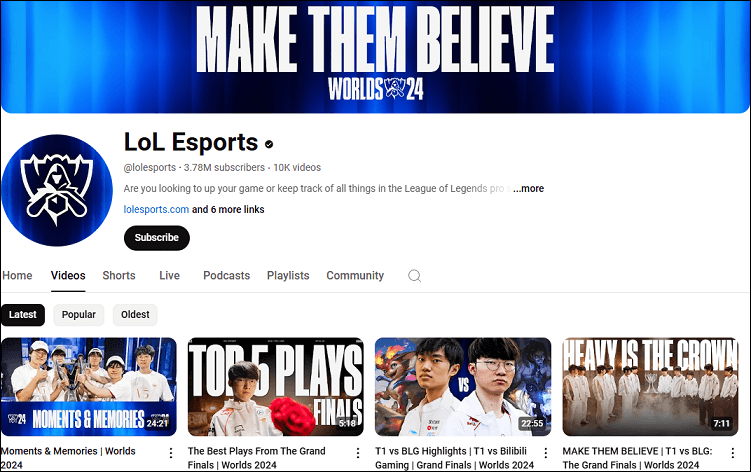 The channel page of LoL Esports on YouTube