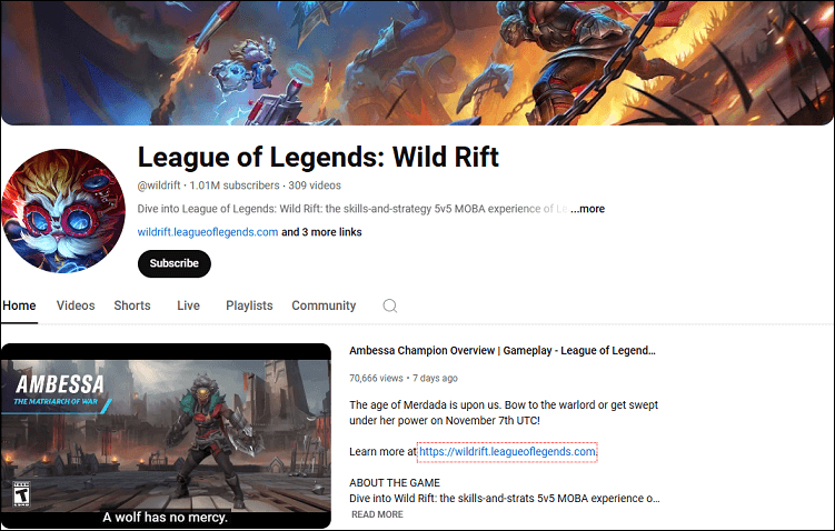 The channel page of League of Legends: Wild Rift on YouTube