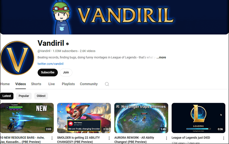 The channel page of Vandiril on YouTube