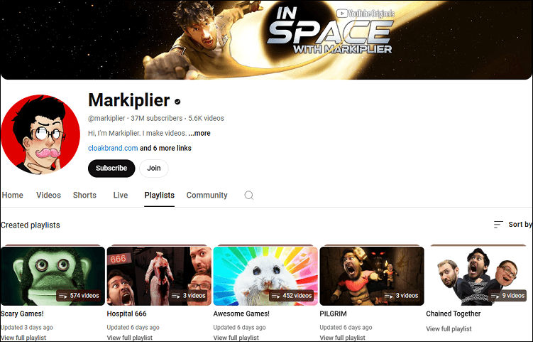 The homepage of the Markiplier channel on YouTube