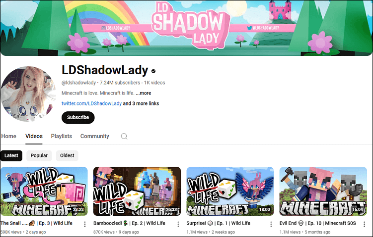 The homepage of the LDShadowLady channel on YouTube