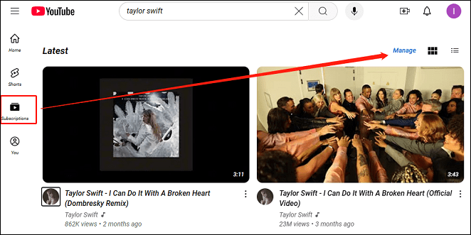 Click on the Manage button to manage the YouTube subscriptions