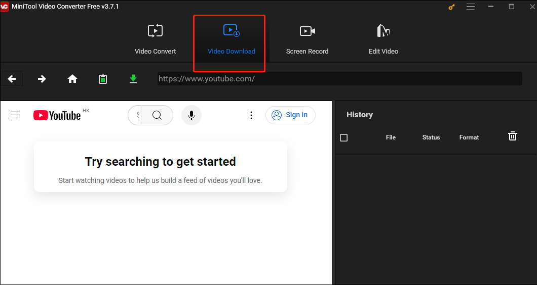 Switch to Video Download to open the built-in YouTube browser in MiniTool Video Converter