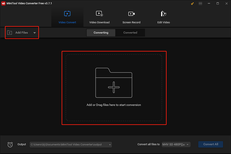Click on Add Files or Add or Drag files here to start conversion to upload a music file in MiniTool Video Converter