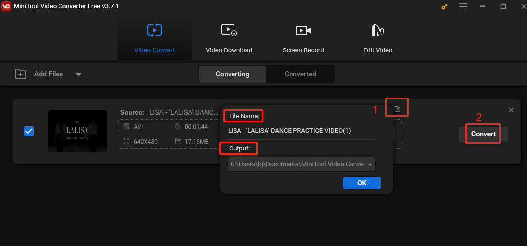Click on the edit icon to rename the file and output path and click on Convert to start converting in MiniTool Video Converter