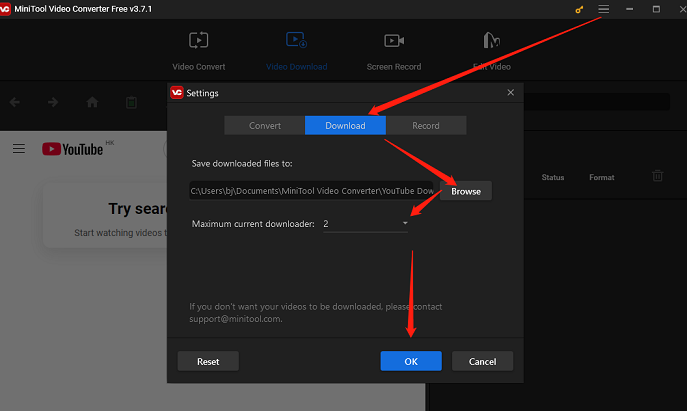 Go to Settings window to customize the save path and maximum current downloaders in MiniTool Video Converter