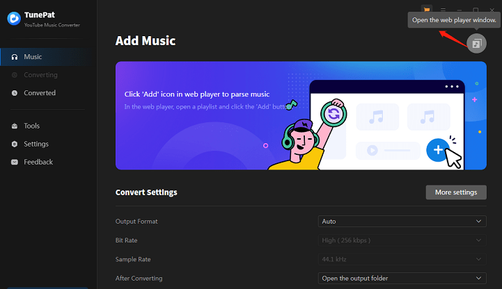 Click Open the web player window to open YouTube Music web player in TunePat YouTube Music Converter