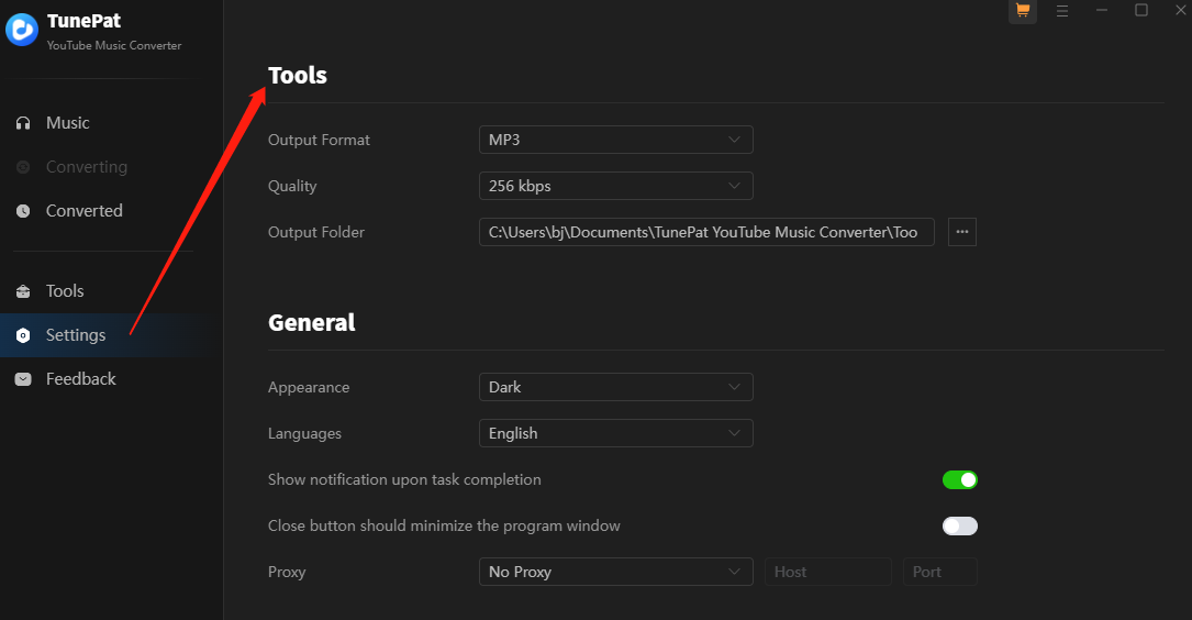 Click on Settings to customize the convert settings in TunePat YouTube Music Converter