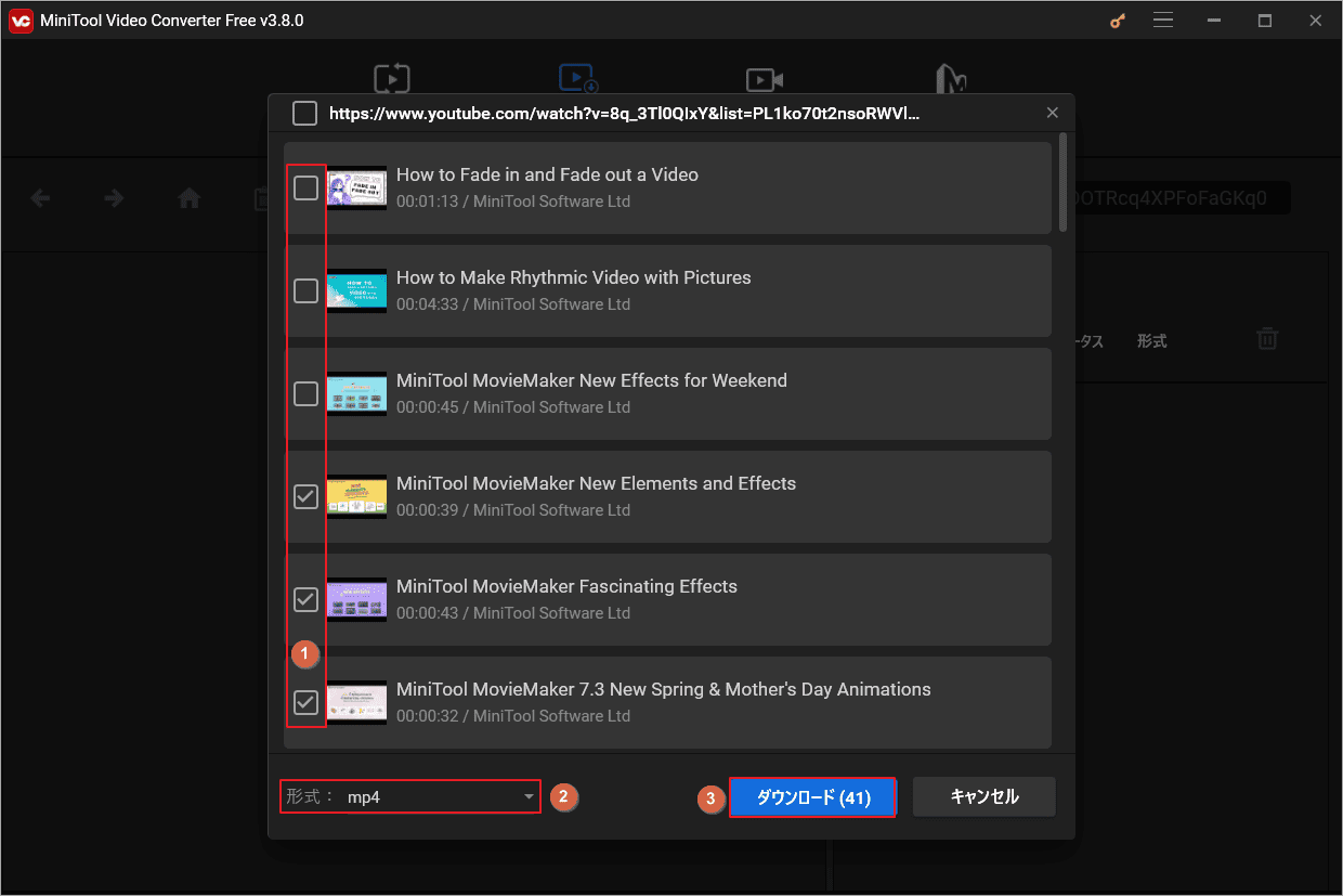 再生リスト内でダウンロードしたい動画にチェックを入れ、出力形式を選択して「ダウンロード」をクリック