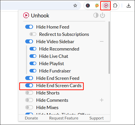 Tick on Hide End Screen Cards to remove YouTube end cards with Unhook