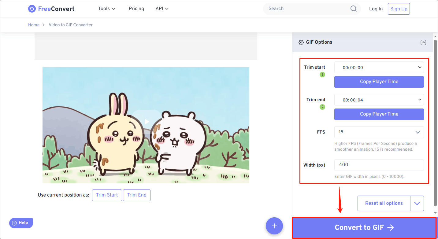 Set the start time and end time of the video, select the FPS and Width of the GIF you want to generate, and click Convert to GIF to generate a GIF