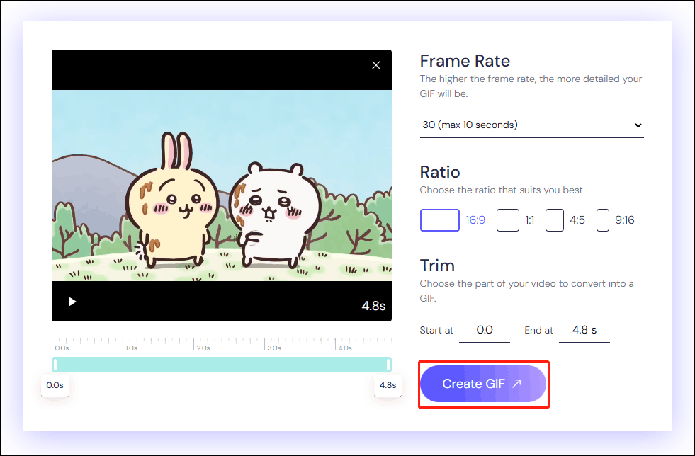 Customize the Frame Rate and Ratio, set the start time and end time, and click Create GIF to convert a YouTube video to GIF