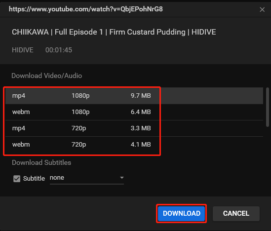 Choose to download the YouTube video in MP4 or WebM and then click DOWNLOAD