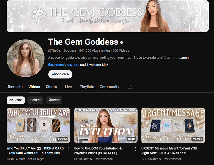 Die Startseite von The Gem Goddess auf YouTube