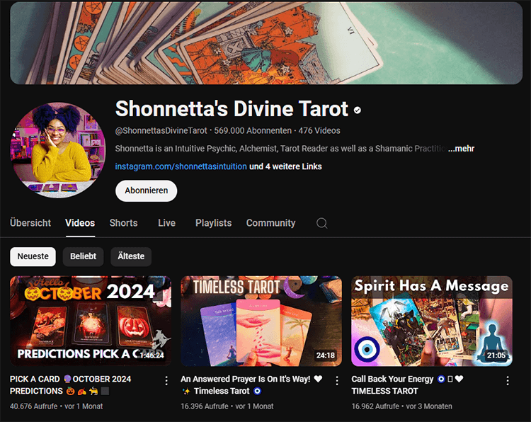 Die Startseite von Shonnetta’s Divine Tarot auf YouTube