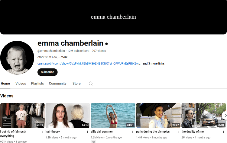 The channel homepage of emma chamberlain on YouTube