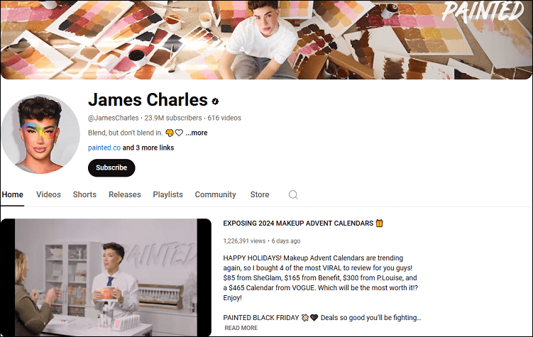 The channel homepage of James Charles on YouTube