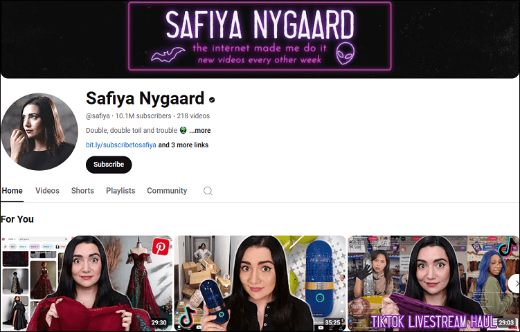 The channel homepage of Safiya Nygaard on YouTube