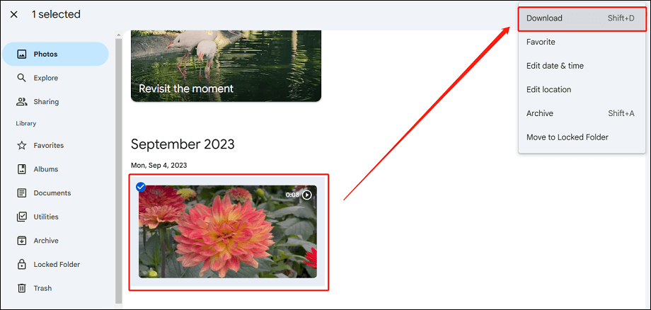 Select the video, click the three-dot menu, and choose Download to save the video to your computer