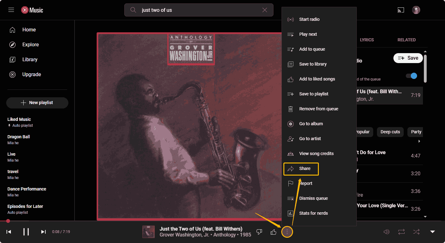 Click the three-dot icon in the play bar and select the Share option in the pop-up menu