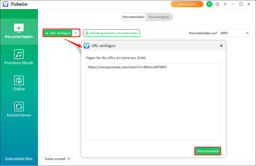 Klicken Sie auf die Schaltfläche URL einfügen in iTubeGo, geben Sie die Video-URL ein und klicken Sie auf Herunterladen