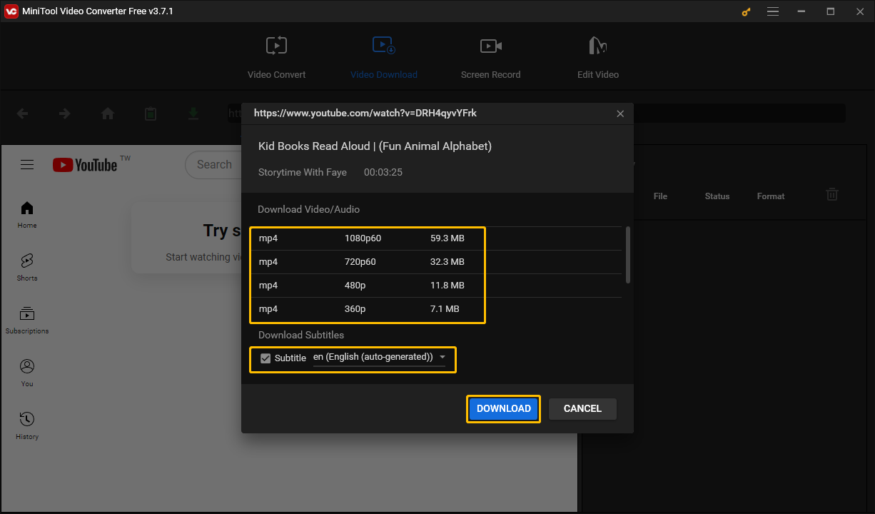 Choose a format to download, tick on Subtitles, and click the DOWNLOAD button