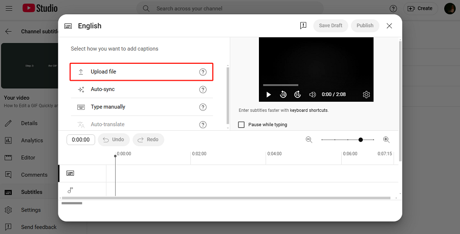 Click on Upload file to upload the audio description file in YouTube Studio