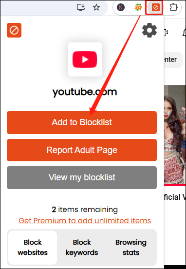 Click on Add to Blocklist to block YouTube in BlockerX