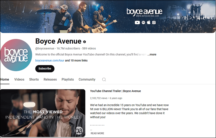 The channel homepage of Boyce Avenue on YouTube