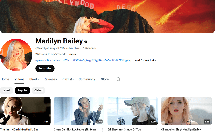 The channel homepage of Madilyn Bailey on YouTube