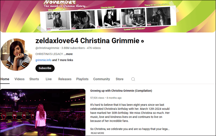 The channel homepage of Christina Grimmie on YouTube